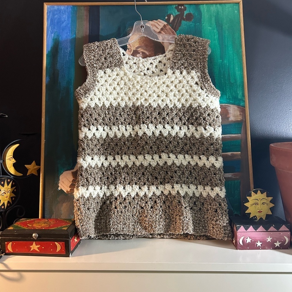 Crochet Sweater Vest Cream Taupe One Size Boho Handmade